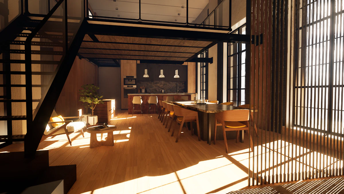 Studio estilo loft com pé-direito alto e área de jantar